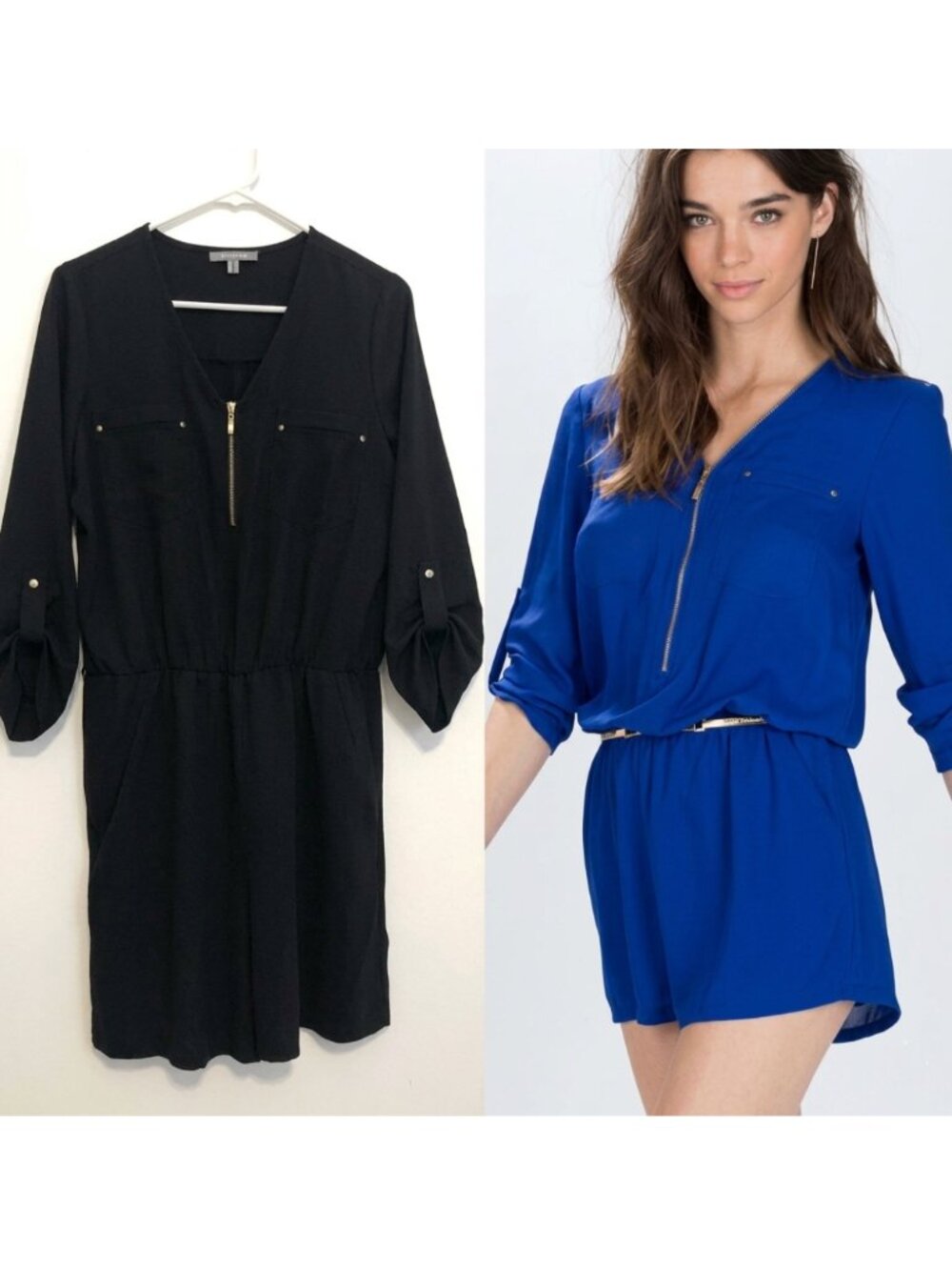 NY COLLECTION Solid Black Zip Zipper V-Neck Long Sleeve Roll Tab Romper NO BELT